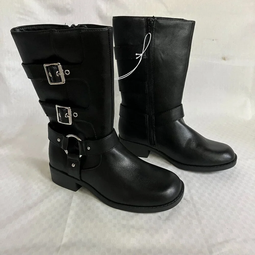 Art Class Kids' Girls 4 Black Dee Tall Buckle Boots Faux Leather Side Zipper